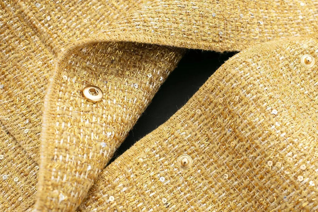 Women Fashion Shiny Sequin Jacket Gold Color Stand Collar Long Sleeve Short Coat Fall Winter Ladies Christmas Outwear