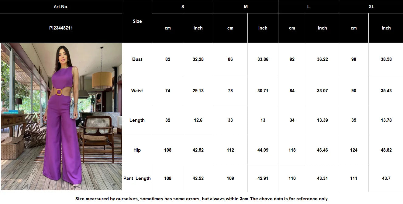New Summer Solid Women Jumpsuit Sleeveless O-neck Naked Waist Wide Leg Long Pant Bodysuit Casual Streetwear