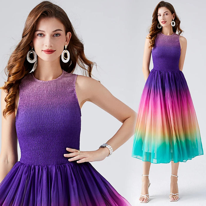 Summer Holiday Gradient Color Rainbow Long Dress Women's Sleeveless O Neck Zipper Stretch Patchwork Chiffon Party Dresses