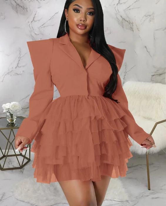 Fashion Blazer Style Long Sleeve Ruffles Mesh A-line Mini Dress Women Spring Office Lady Sexy Club Party Birthday Dresses