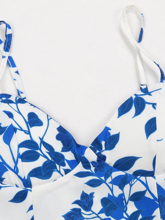 Sexy Deep V Neck Maxi Dress Floral Print Sling Split Women Dress Beach Holiday A-line Long Dress Summer Casual