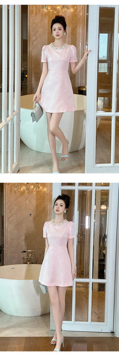 Holiday Party Short Sleeve Evening Dress Women Clothes Elegant Luxury Pearl O-Neck Slim A-Line Short Birthday Party