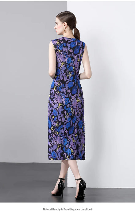 Summer Holiday Floral Print Long Pleated Dress Women Clothing Sleeveless High Stretch Straight Draped Loose Robe