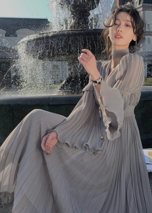 Womens French Elegant Ruffle Irregular Long Dress Pleated Party Evening