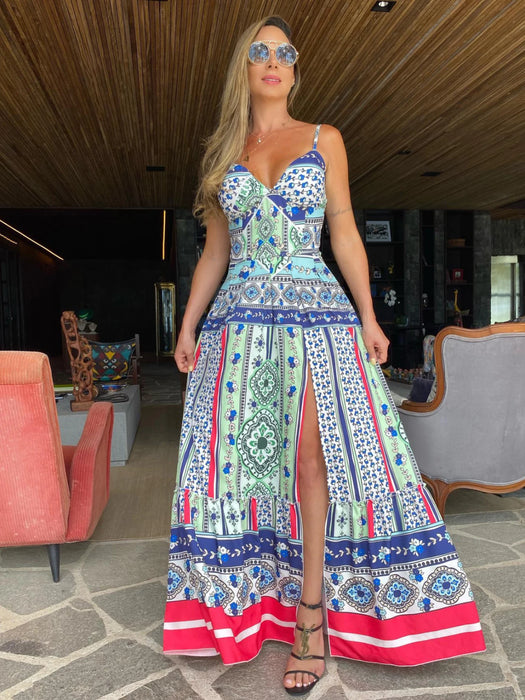 Summer Print Long Dress Women Clothing Party Dresses Pattern Strappy Ladies Hollow Out V-Neck Beach Vestidos