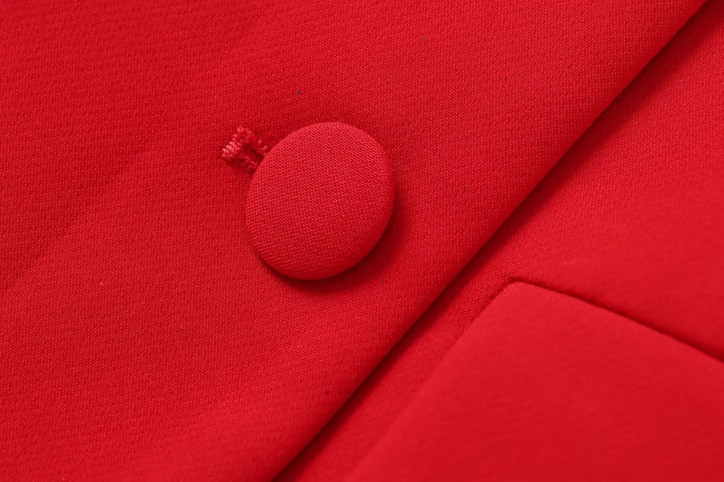 Women Summer Fashion Suits Red Square Neck Sleeveless Pockets Double Breasted Waistcoat Top+Mid-Waist Slit Stralght Pants