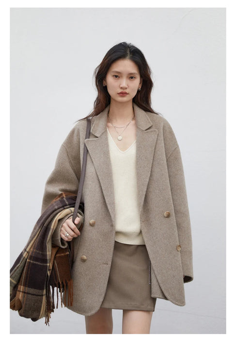 Women's Woolen Coats Loose Casual Double Breasted Retro Double-sided Jacket Office Lady Outerwear Fall Winter