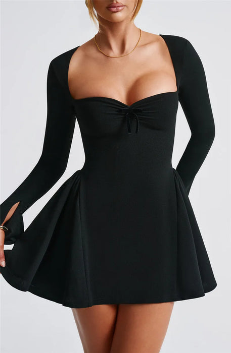 Christmas Holiday Party Long Sleeve A-line Sexy Mini Dress For Women Fall Bow Square Collar Pleated Dress Elegant Dresses