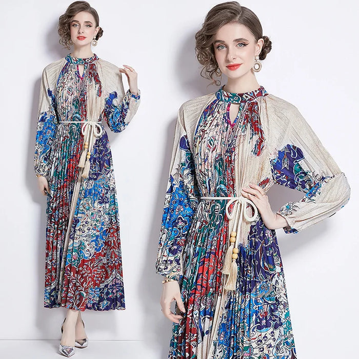Spring Print Long Dress For Women Fashion Loose Lantern Sleeve Party Female Big Swing Tassels Belt Pleated