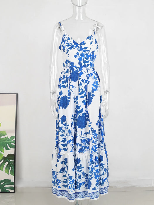 Sexy Deep V Neck Maxi Dress Floral Print Sling Split Women Dress Beach Holiday A-line Long Dress Summer Casual