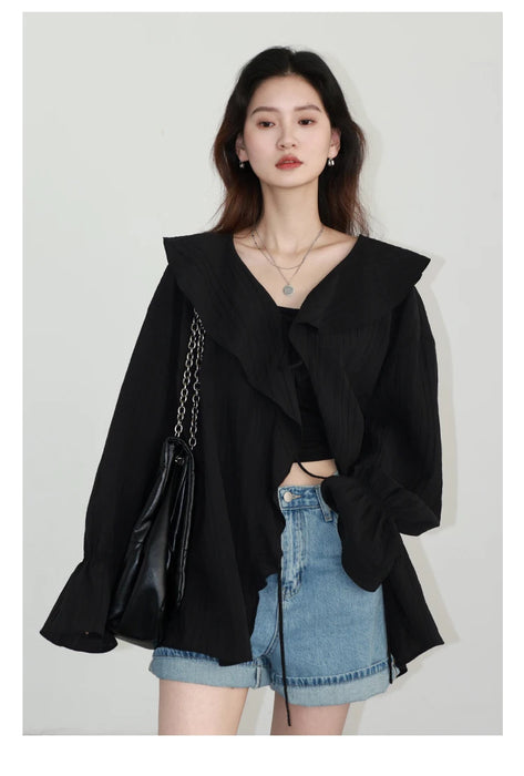 Women Shirt Loose Ruffled Edges Female Blouses V Neck Lace Up Mid Length Woman Shirts Spring Summer