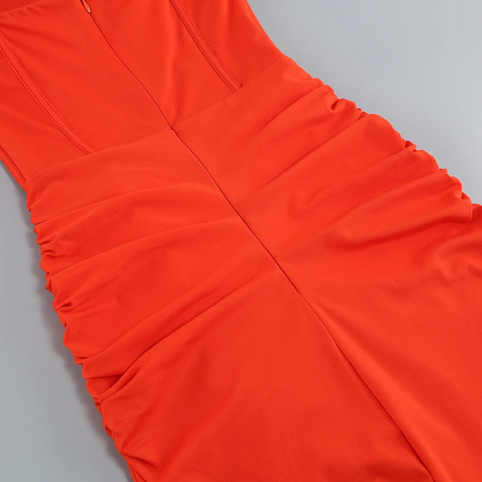 Women's Sexy breast wrapping Dress Red Wrinkled Hem Split Party ceremonial dress Long Dress