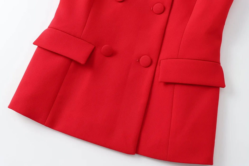 Women Summer Fashion Suits Red Square Neck Sleeveless Pockets Double Breasted Waistcoat Top+Mid-Waist Slit Stralght Pants