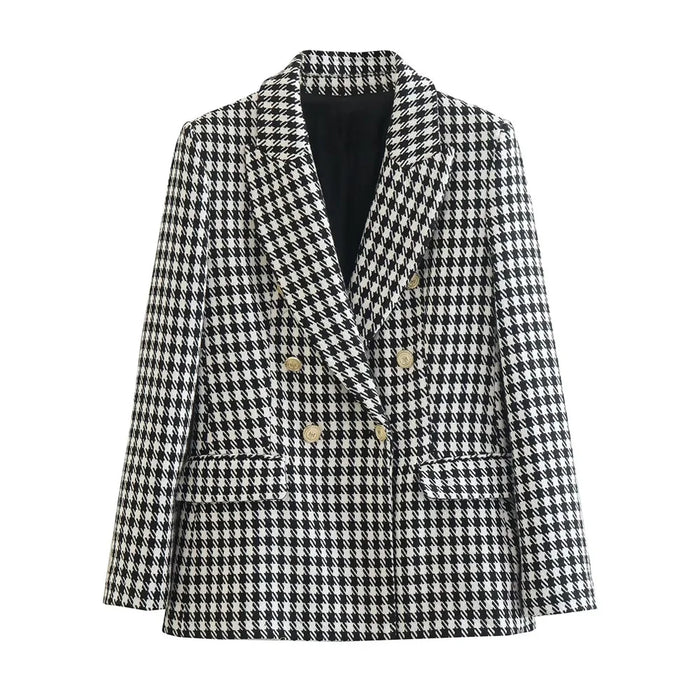 Women Fashion Double Breasted Houndstooth Blazer Coat Long Sleeve Female Outerwear