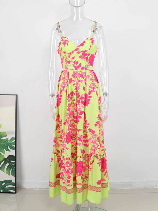 Sexy Deep V Neck Maxi Dress Floral Print Sling Split Women Dress Beach Holiday A-line Long Dress Summer Casual