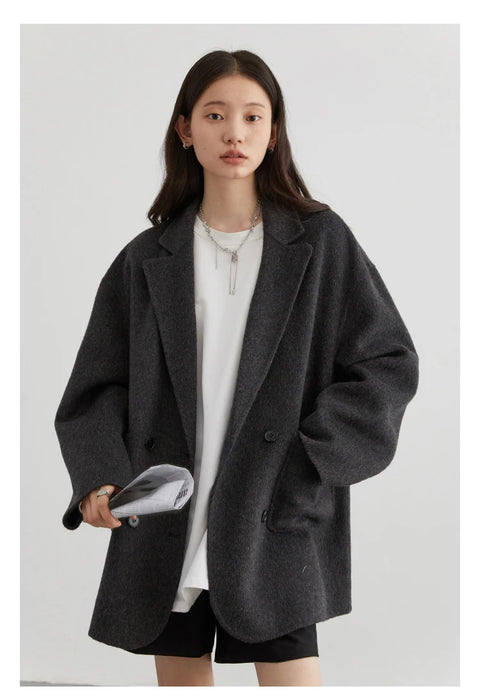 Women's Woolen Coats Loose Casual Double Breasted Retro Double-sided Jacket Office Lady Outerwear Fall Winter