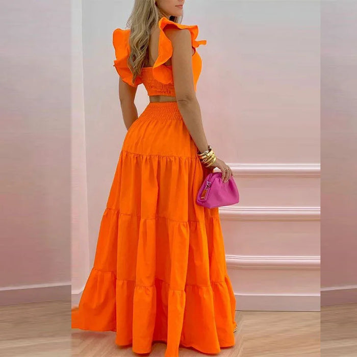 Women Two Pieces Beachwear Elegant Ruffles Sleeve Beach Dresses Leaf Print White Long Dress High Waist