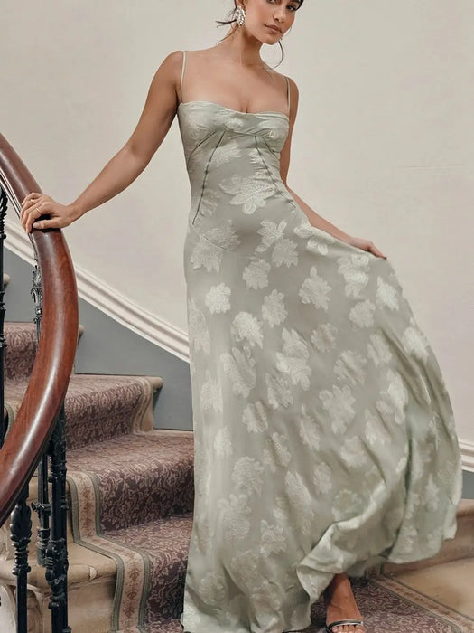 Sexy Lace Jacquard See Through Women Dress Sleeveless Tie Up Backless Lace Long Dress Summer Party Ladies Dress
