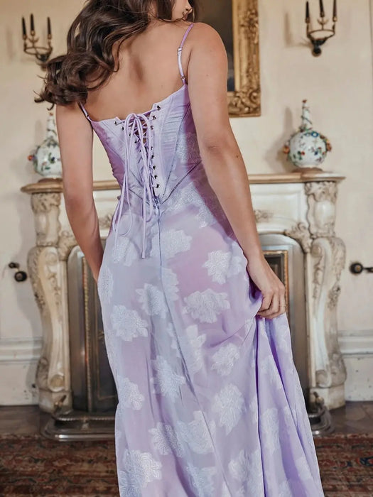 Sexy Lace Jacquard See Through Women Dress Sleeveless Tie Up Backless Lace Long Dress Summer Party Ladies Dress
