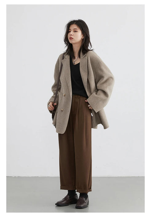 Women's Woolen Coats Loose Casual Double Breasted Retro Double-sided Jacket Office Lady Outerwear Fall Winter