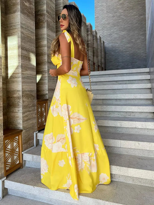 Summer Print Long Dress Women Clothing Party Dresses Pattern Strappy Ladies Hollow Out V-Neck Beach Vestidos