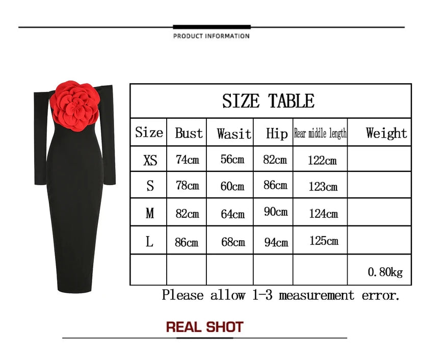 Women's New Sexy Black Decorative Flower Dress Fashion Slim Fit Open Back Bottom Split