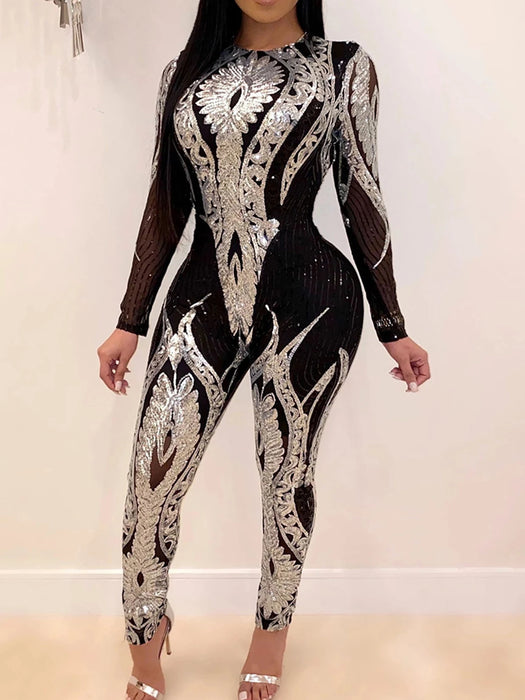 Long sleeve Sequin bodycon jumpsuit women bodysuit party nightclub outfits womens jumpsuits overall