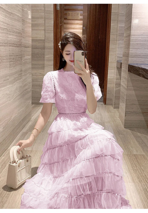 Summer Fairy Princess Mesh Sequined Embroidery Cascading Ruffles Layer Cake Dress Women Clothing Evening