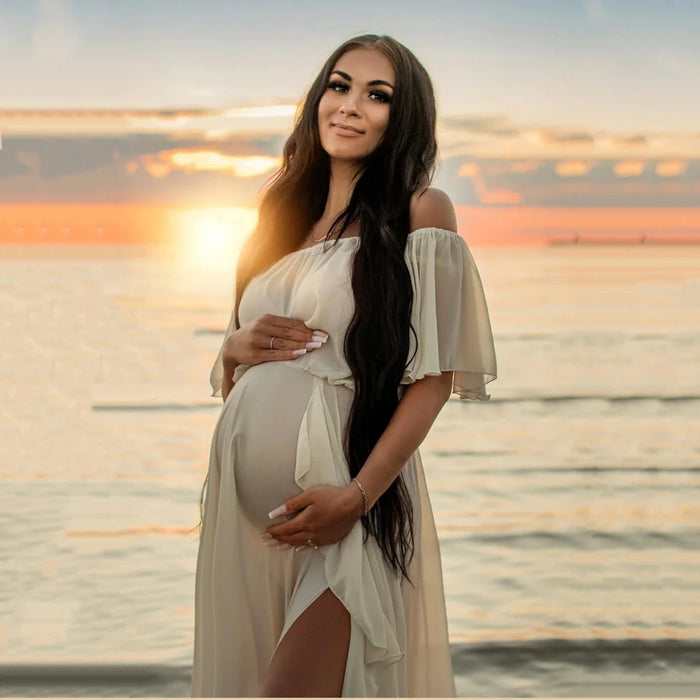 Chifffon Maternity Dresses See Through Ruffles Maternity Photoshoot Maxi Dress Sides Slit