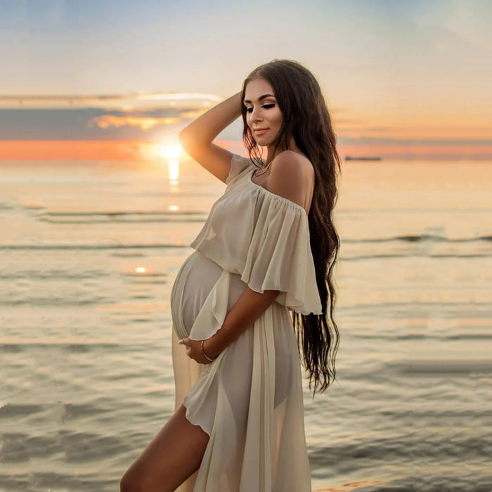 Chifffon Maternity Dresses See Through Ruffles Maternity Photoshoot Maxi Dress Sides Slit