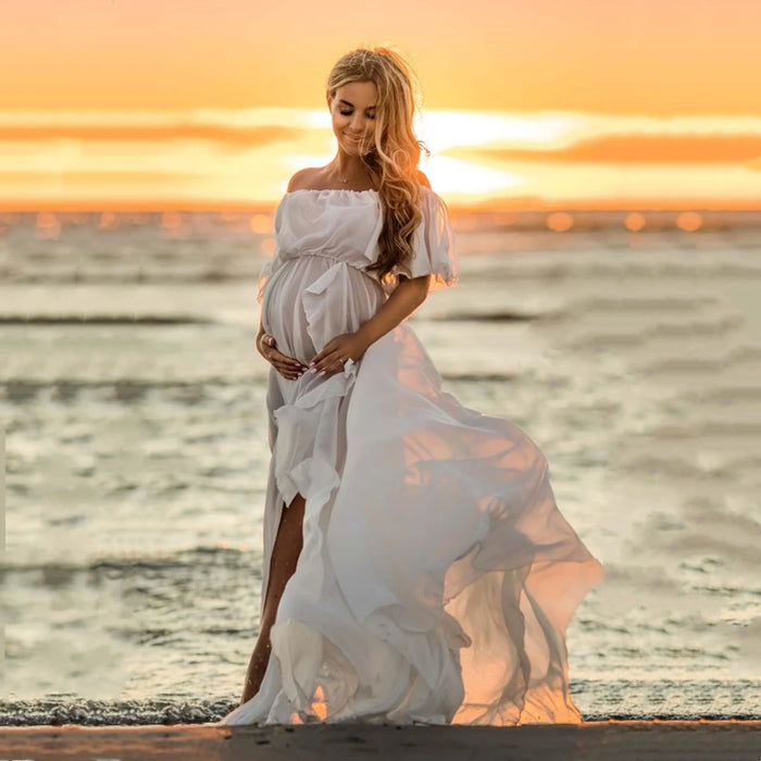 Chifffon Maternity Dresses See Through Ruffles Maternity Photoshoot Maxi Dress Sides Slit