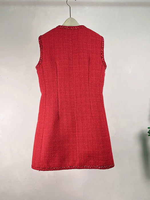 Small Fragrance Runway Tweed Vest Dress Women's Sleeveless Four Poackets Vintage Short