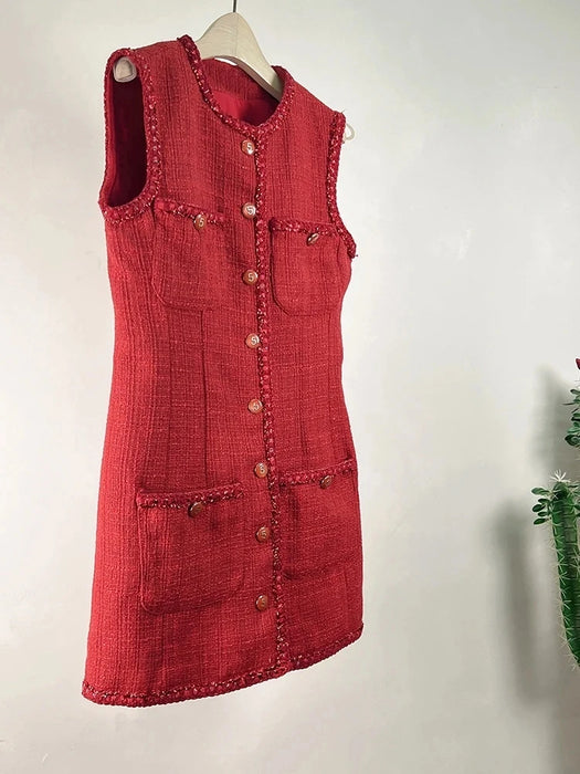 Small Fragrance Runway Tweed Vest Dress Women's Sleeveless Four Poackets Vintage Short