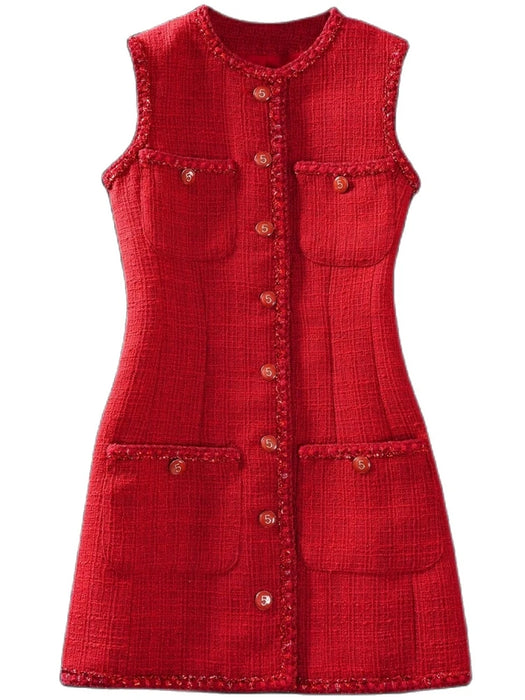 Small Fragrance Runway Tweed Vest Dress Women's Sleeveless Four Poackets Vintage Short