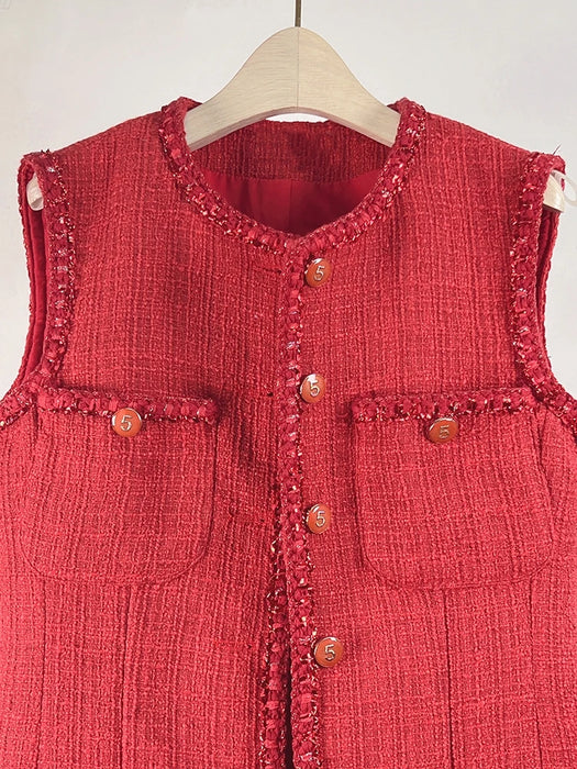 Small Fragrance Runway Tweed Vest Dress Women's Sleeveless Four Poackets Vintage Short