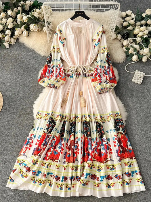 Spring Print Long Dress For Women Fashion Loose Lantern Sleeve Party Female Big Swing Tassels Belt Pleated