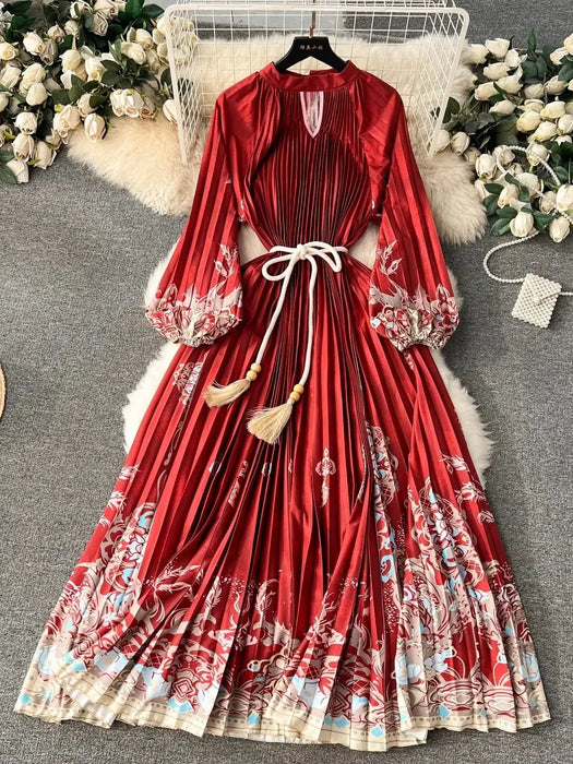 Spring Print Long Dress For Women Fashion Loose Lantern Sleeve Party Female Big Swing Tassels Belt Pleated