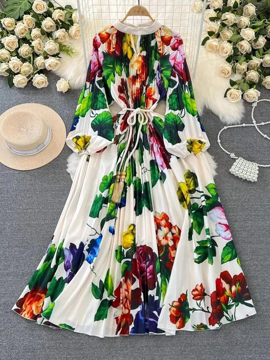 Spring Print Long Dress For Women Fashion Loose Lantern Sleeve Party Female Big Swing Tassels Belt Pleated