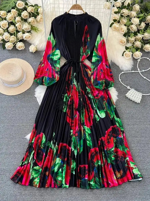 Spring Print Long Dress For Women Fashion Loose Lantern Sleeve Party Female Big Swing Tassels Belt Pleated