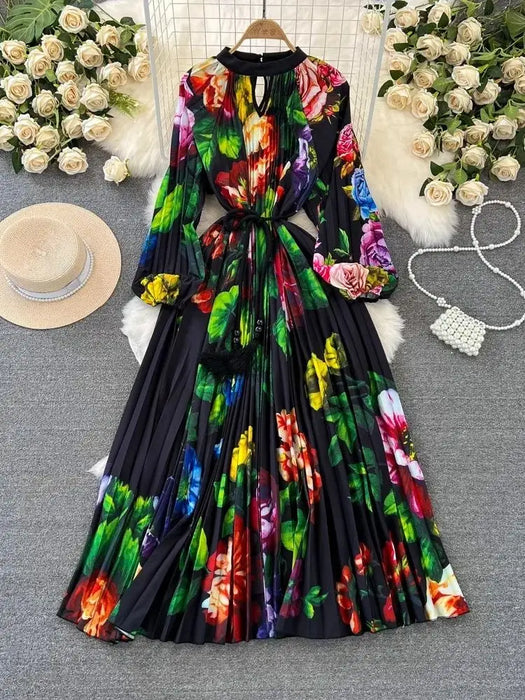 Spring Print Long Dress For Women Fashion Loose Lantern Sleeve Party Female Big Swing Tassels Belt Pleated
