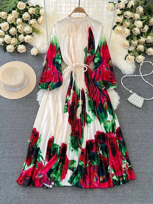 Spring Print Long Dress For Women Fashion Loose Lantern Sleeve Party Female Big Swing Tassels Belt Pleated
