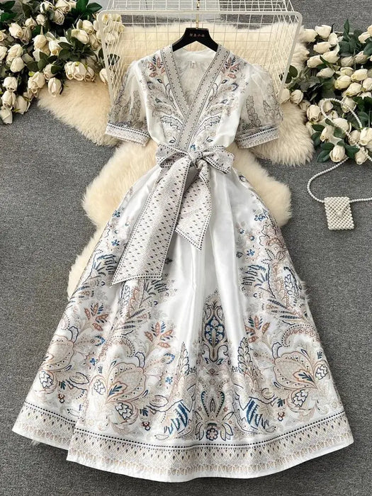 Spring Summer Bohemian Dresses Holiday Short Puff Sleeve Cross V Neck Flower Print Lace Up Robe Clothes
