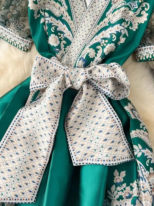 Spring Summer Bohemian Dresses Holiday Short Puff Sleeve Cross V Neck Flower Print Lace Up Robe Clothes