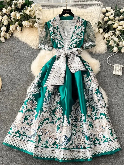 Spring Summer Bohemian Dresses Holiday Short Puff Sleeve Cross V Neck Flower Print Lace Up Robe Clothes