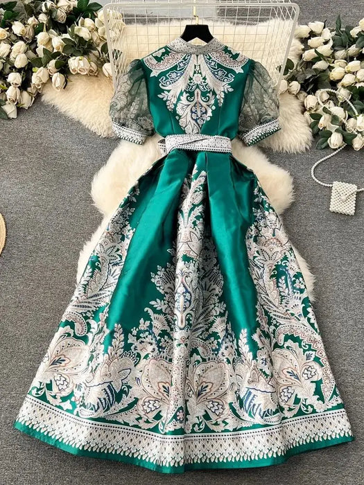 Spring Summer Bohemian Dresses Holiday Short Puff Sleeve Cross V Neck Flower Print Lace Up Robe Clothes