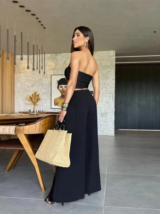 Summer Black Sexy Women Two Piece Pant Set Tie Flowers Strapless Top Tassel High Split Pants Suit Beach Vacation Female Clothing