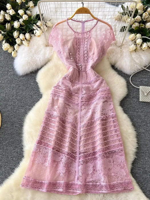 Summer Elegant Lace Mesh Flower Embroidery Dress Women's O-Neck High Waist Hollow Out Evening Party
