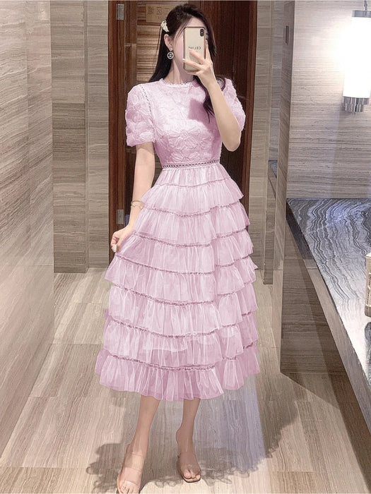 Summer Fairy Princess Mesh Sequined Embroidery Cascading Ruffles Layer Cake Dress Women Clothing Evening