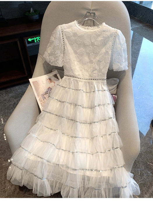 Summer Fairy Princess Mesh Sequined Embroidery Cascading Ruffles Layer Cake Dress Women Clothing Evening