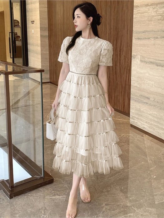 Summer Fairy Princess Mesh Sequined Embroidery Cascading Ruffles Layer Cake Dress Women Clothing Evening